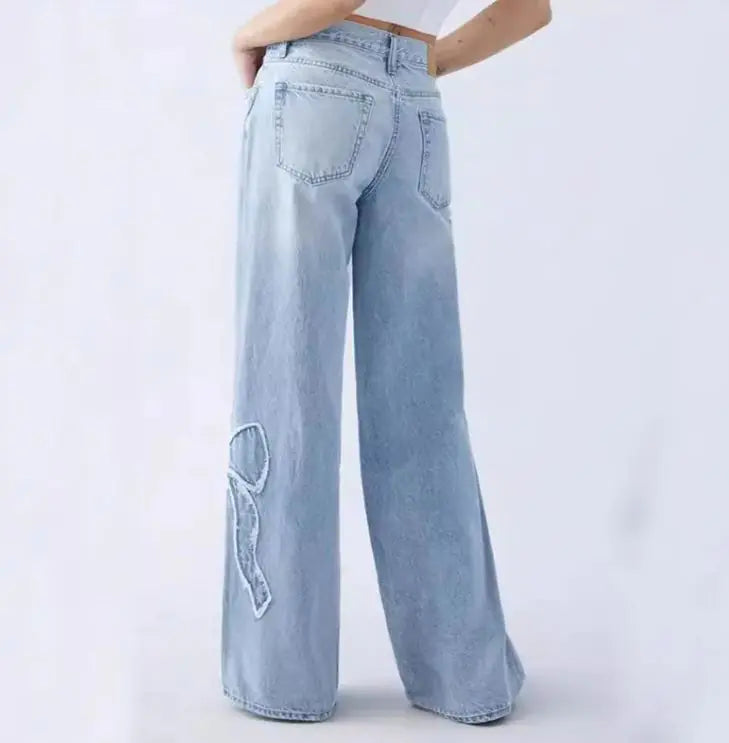 Women's Straight Trousers Embroidered Side Frayed Butterfly Jeans Street Design Hot Girl Baggy Pants