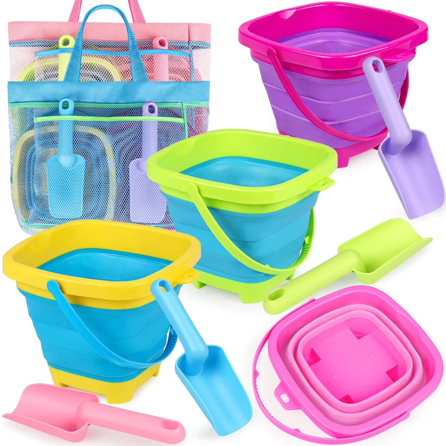Gr8Dealz.store TSDATOWR Collapsible Beach Buckets for Kids Foldable Sand Buckets and Shovels with Mesh Beach Bag Silicone Beach Sand Pails For...