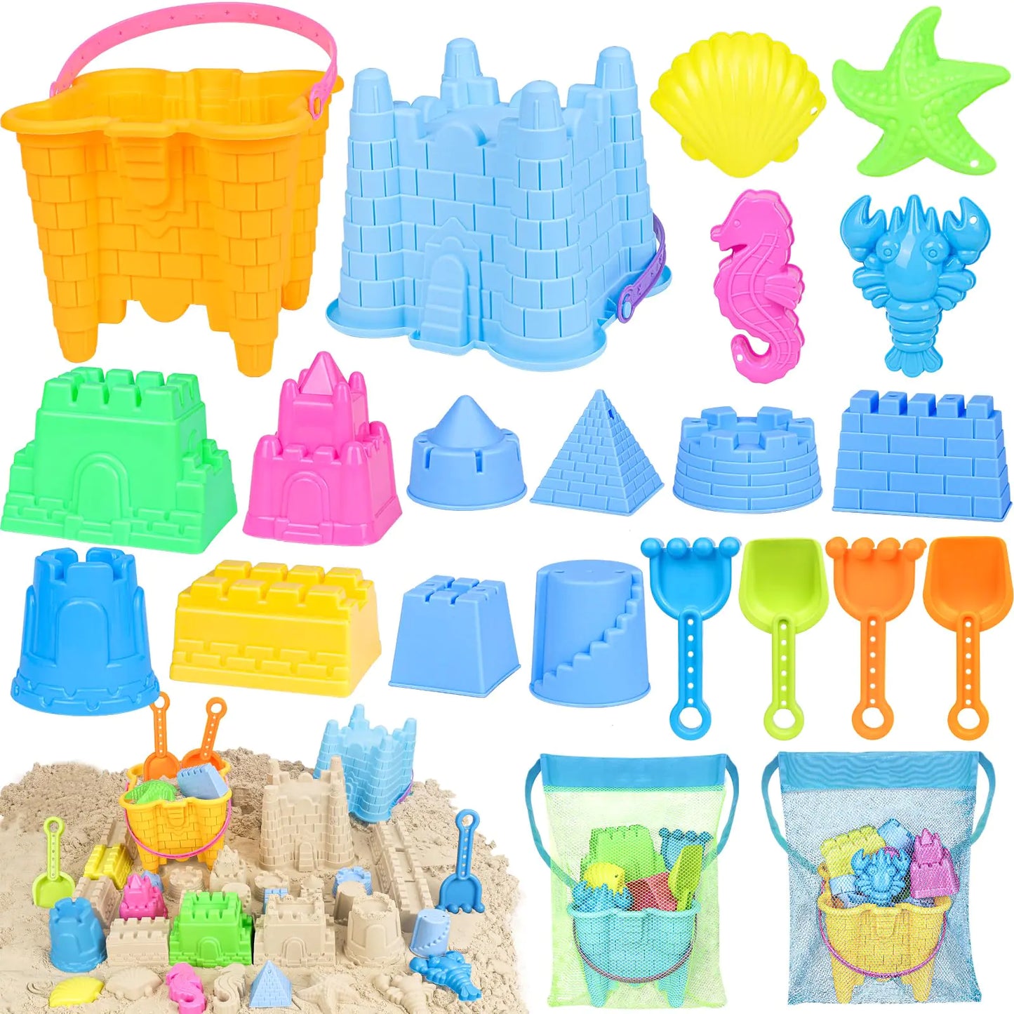 Gr8Dealz.store KUBUSFLY Beach Toys for Toddlers Sand Castle Toys with 2 Sand Bucket 2 Mesh Bag 4 Sand Shovels & Sand Molds Travel Sand Toys For...
