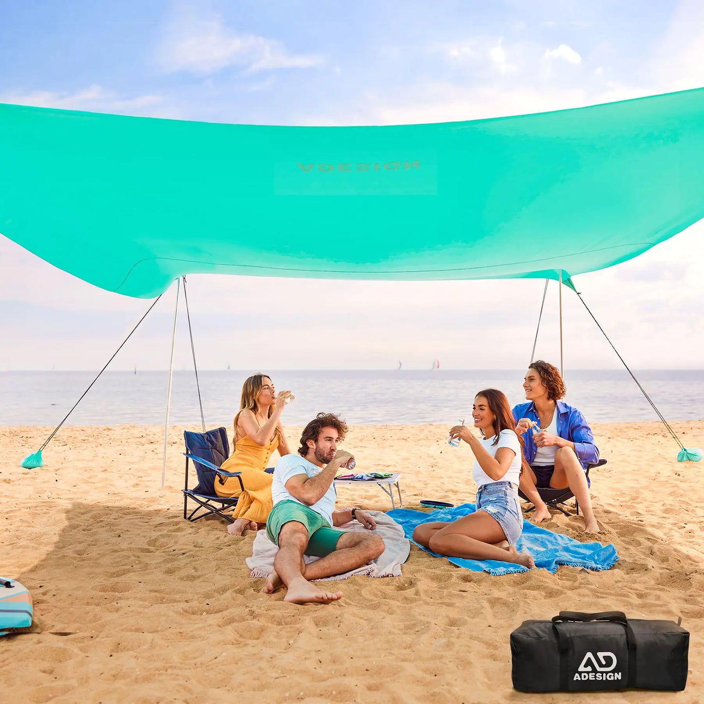 ADesign Windproof Beach Tent Sun Shelter with 8 Sandbags Large Family Beach Sun Shade with Sand Shovel UPF50+ 6.3 FT Tall Outdoor Easy Setup Beach Canopy for Beach Vacation Camping Picnics