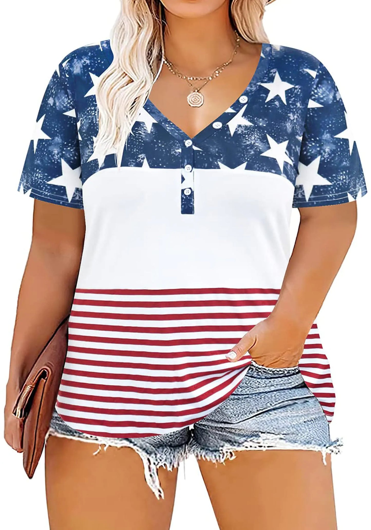 Plus Size Tops American Flag Shirts Womens V Neck Patriotic Tshirt USA Graphic Tee 4th of July T-Shirt