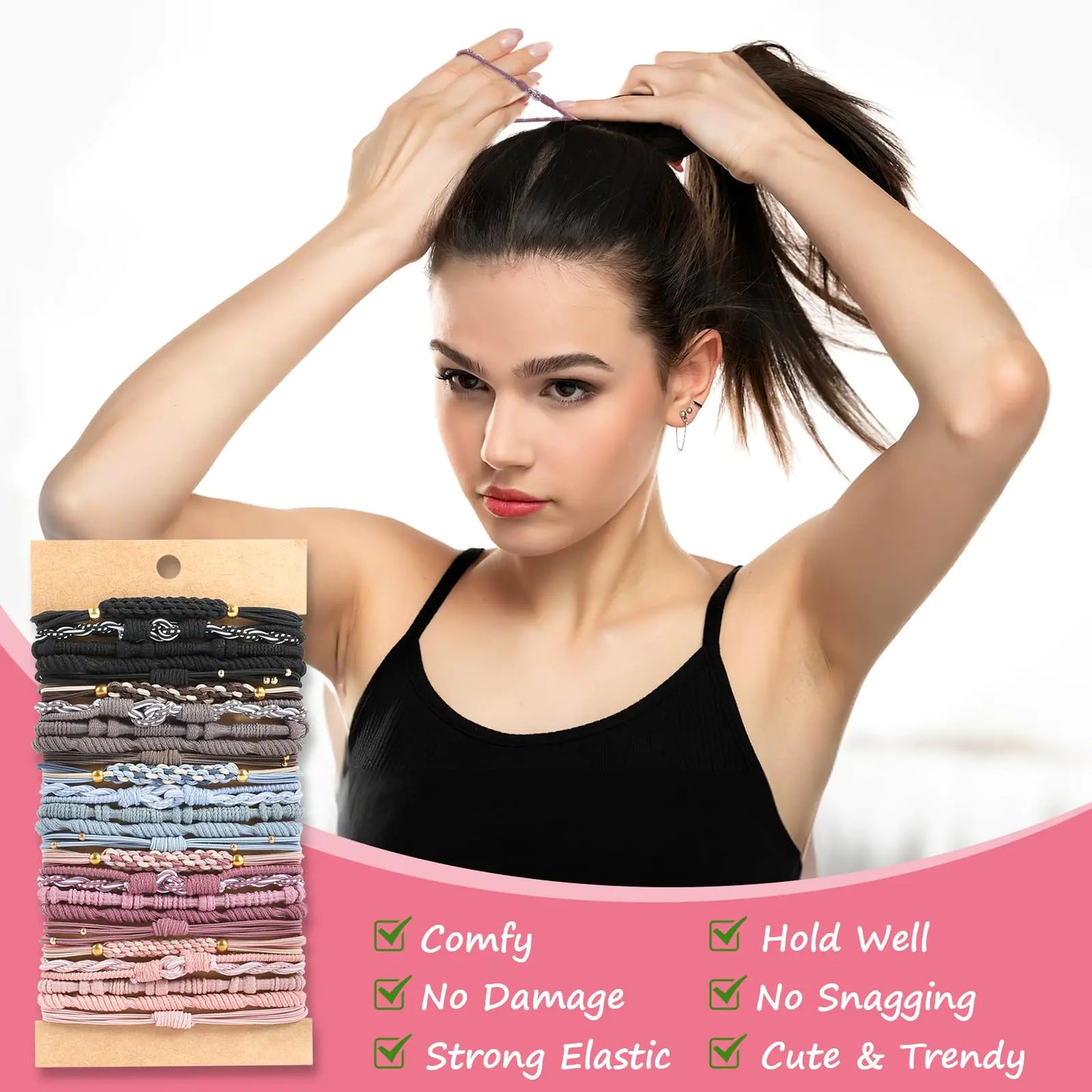 Hair Accessories, 25 PCS of 5 Styles Boho Hair Tie Bracelets with Beads - Cute Elastic Bands for Thick or Thin Hair, No Damage, Pink for Girls and Women D-BOHO