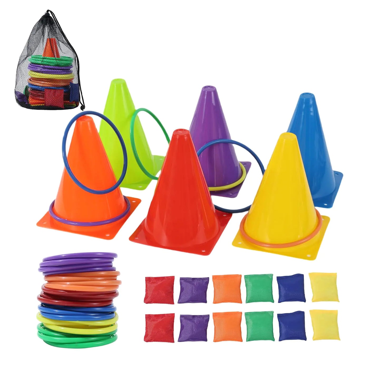 42 pcs 3-in-1 Carnival Games Set Plastic Colorful Cones Ring Toss Combo Set Outdoor Carnival Games Bean Bag for Kids Adults Birthday Party Outdoor Throwing Games