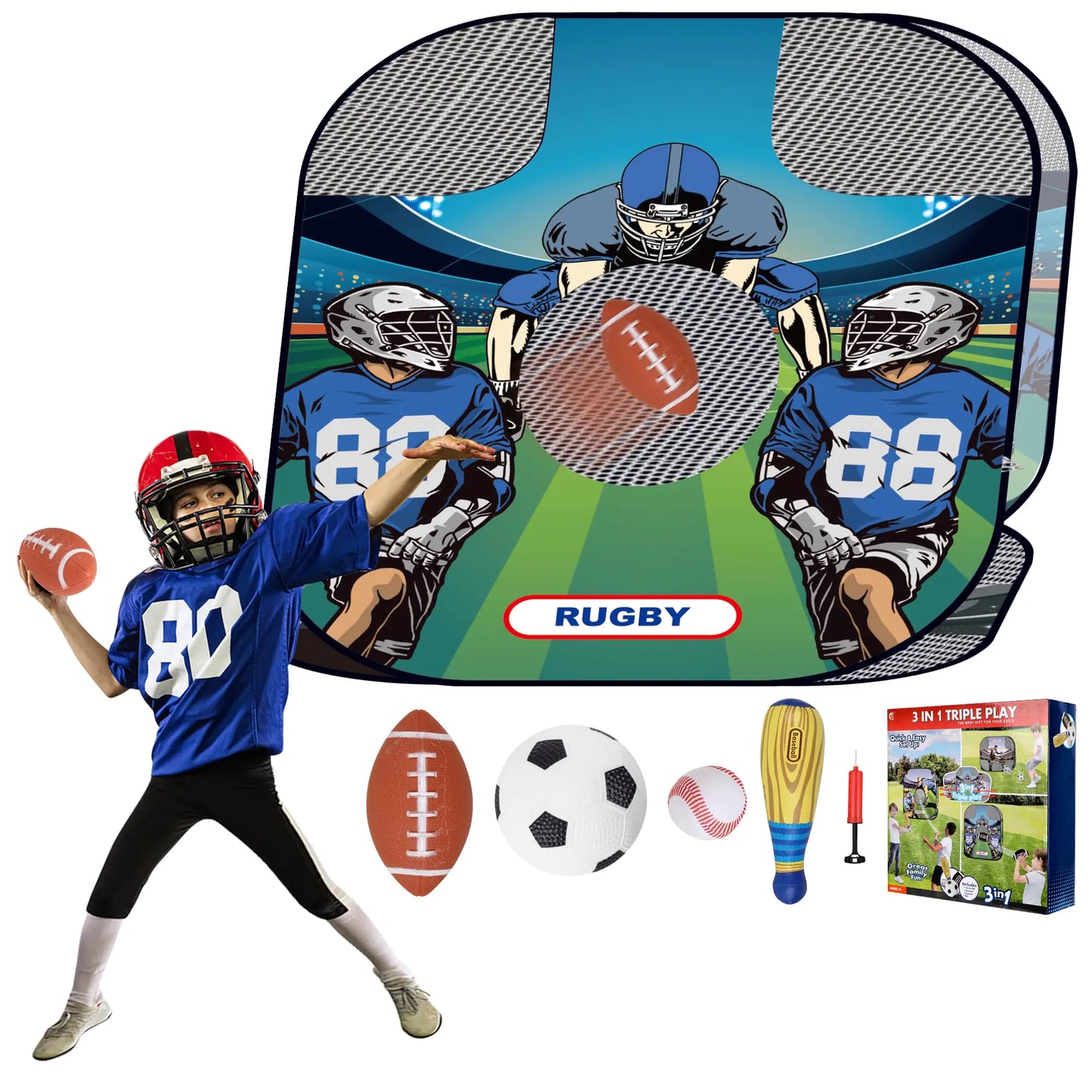 imagifun Bean Bag Toy Toss Target Games 3-in-1 Soccer Rugby Baseball Set Throwing Target Toy Soft Baseball Inflatable Football Rugby for Kid 1-4 Indoor Outdoor Toss