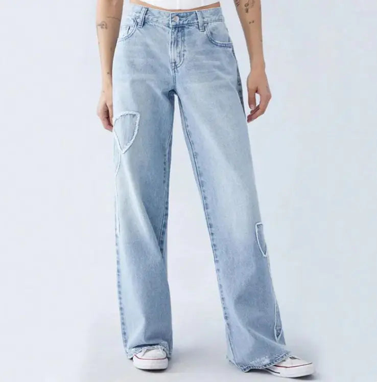 Women's Straight Trousers Embroidered Side Frayed Butterfly Jeans Street Design Hot Girl Baggy Pants