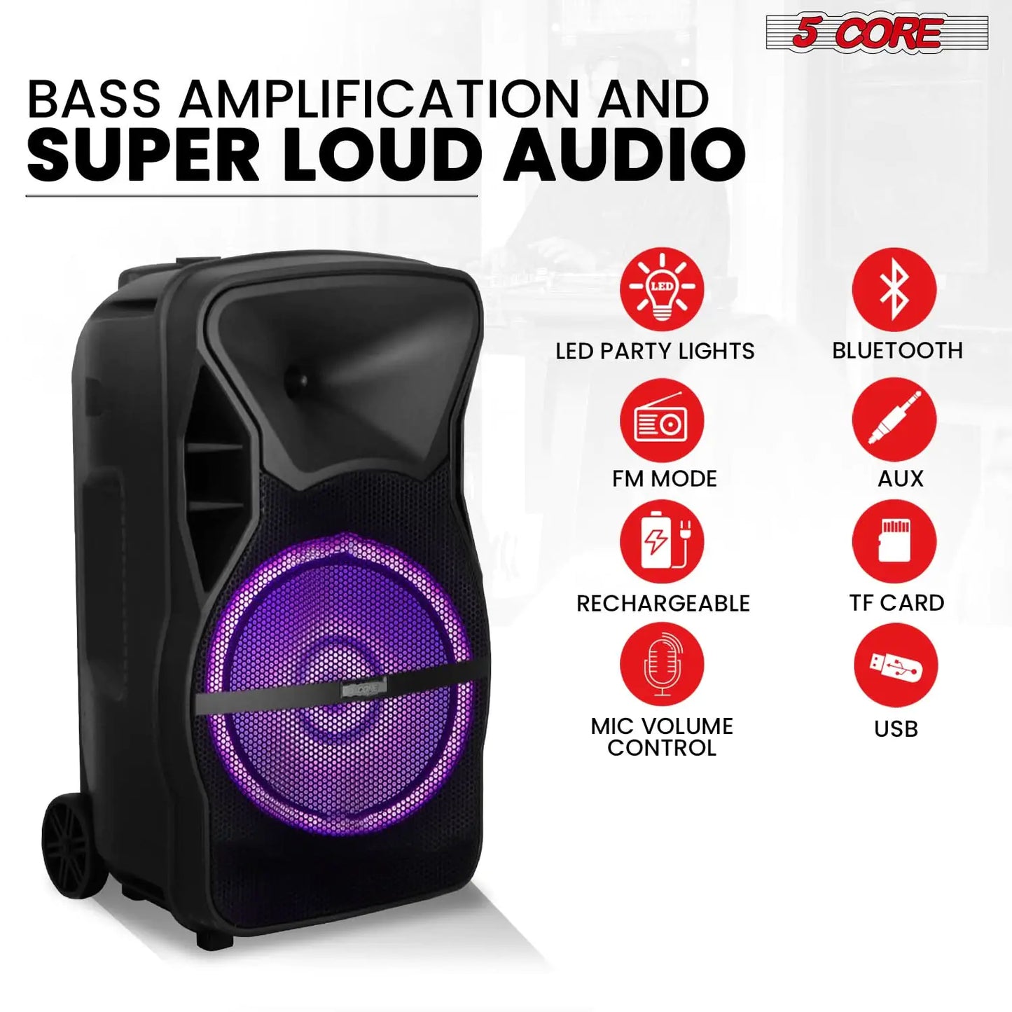 5 CORE 12 Inch TWS PAIR Bluetooth Party Speakers 1000 Watt Portable Karaoke PA System Rechargeable Loud Speaker + 2x Tripod Stand 4x Wireless Mics LED Light Active Home 12 2-MIC 2PCS