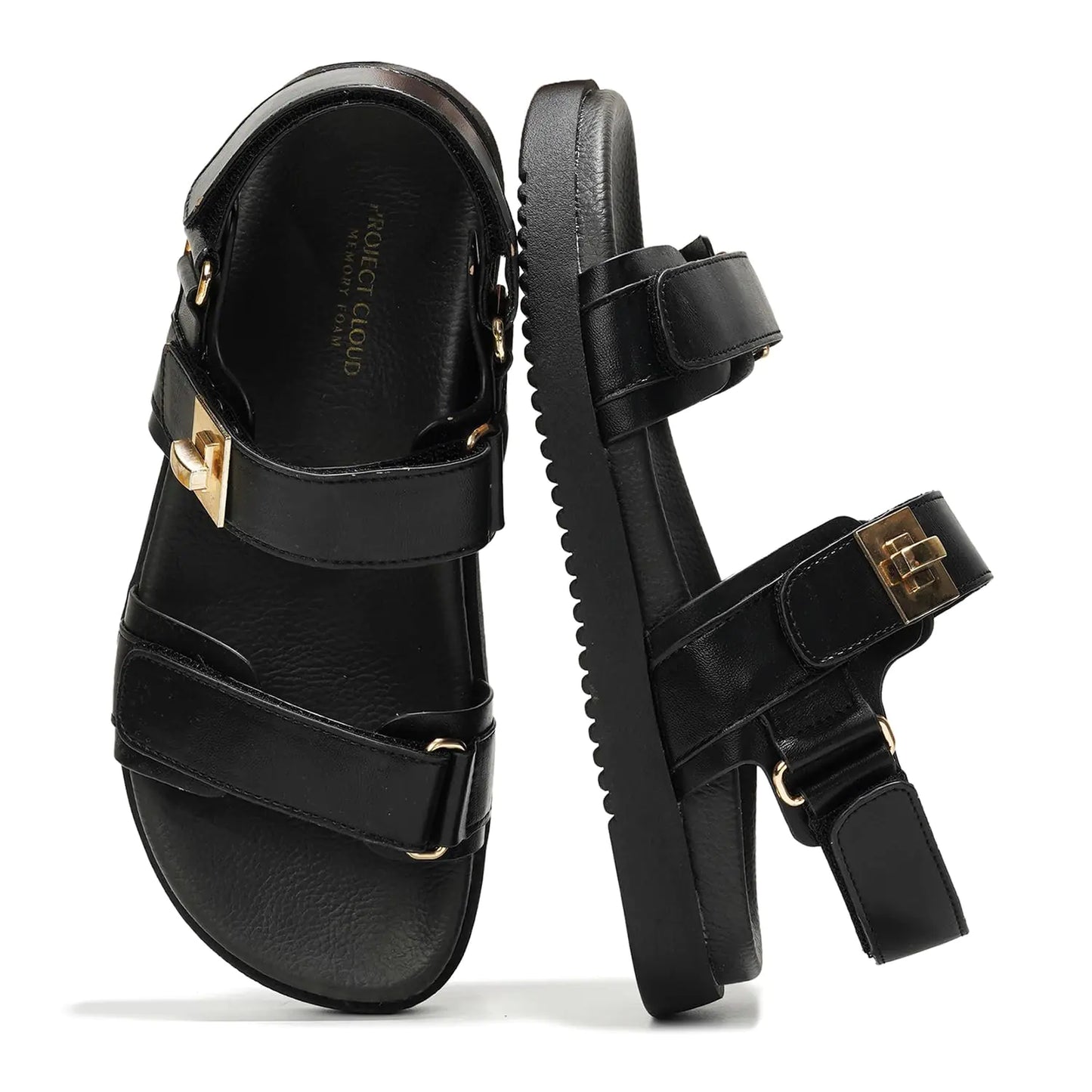 Project Cloud Leather Womens Sandals Comfortable & Adjustable Walking Sandals Women Footwear - Strappy Sandals for Women - Flexible Womens Sandals For Women 2024 (Mona Blk 10)