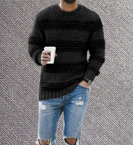 Casual Striped Knitted Sweater Men Round Neck Pullover Sweater