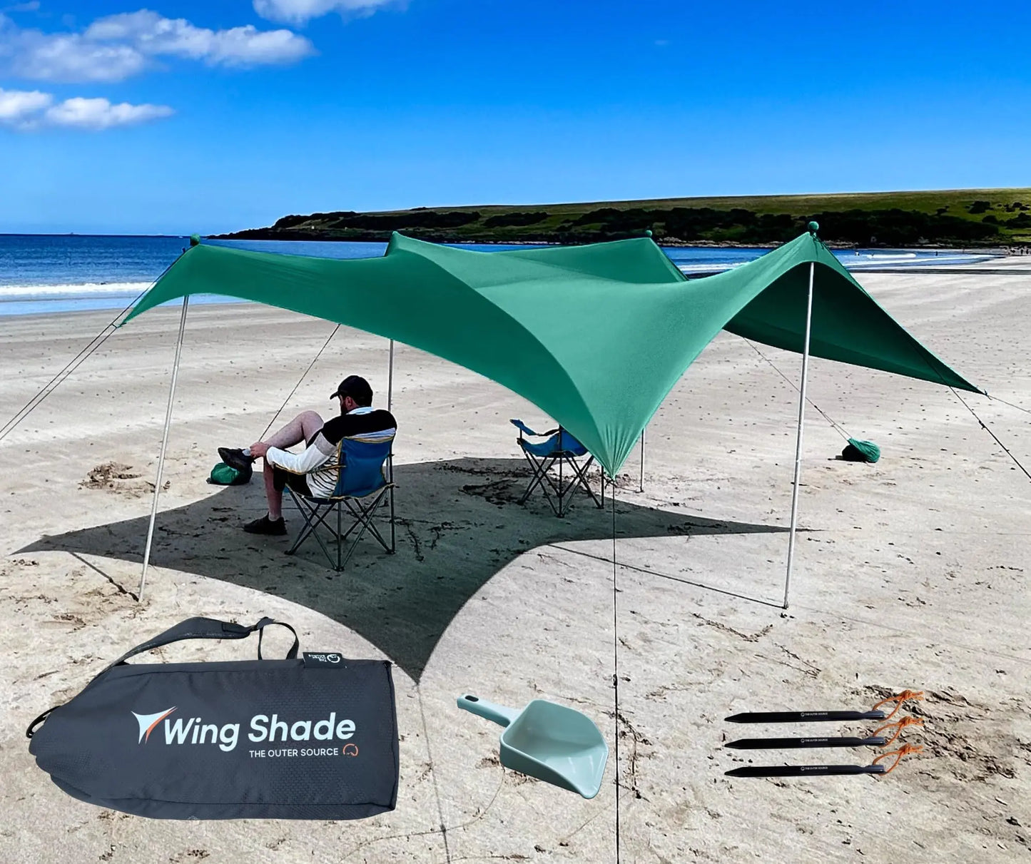 Wing Shade Beach Tent Sun Shelter - Large Portable 10x10 Pop Up Beach Canopy Easy Setup on Grass or Sand with 4 Poles 8 sandbags - for Outdoor Picnic Beach Shade. Wind sail & Beach Umbrella