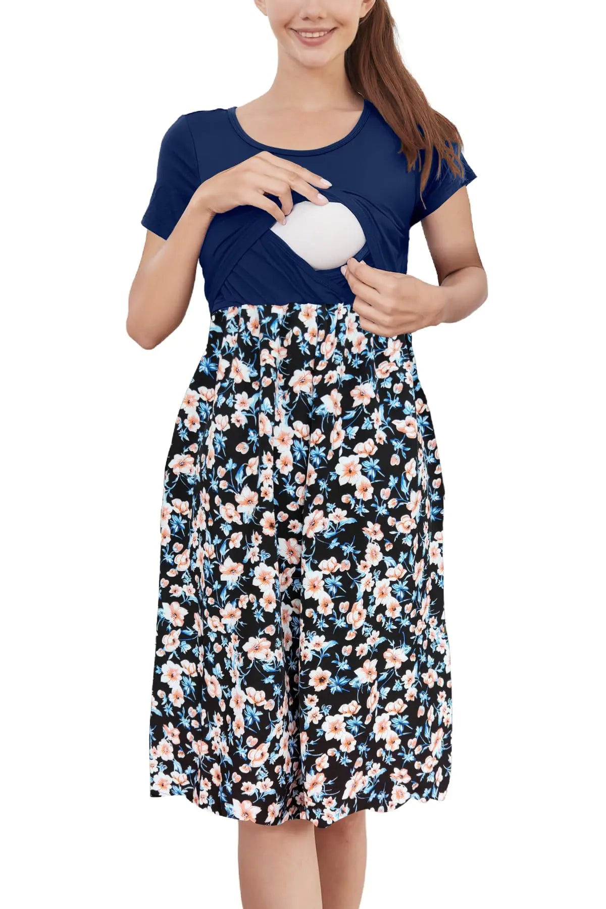 PARNIXS Womens Nursing Dress Summer Short Sleeve Patchwork Pregnancy Clothes with PocketsSmall