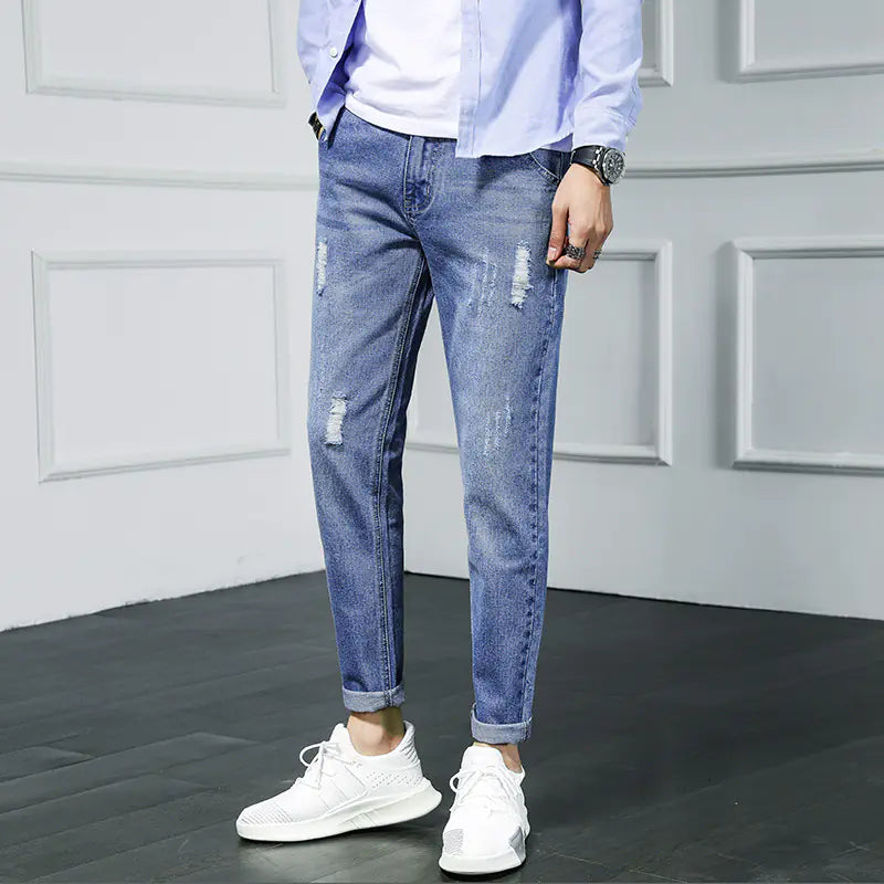 Ripped Cropped Jeans - Distressed Denim Pants