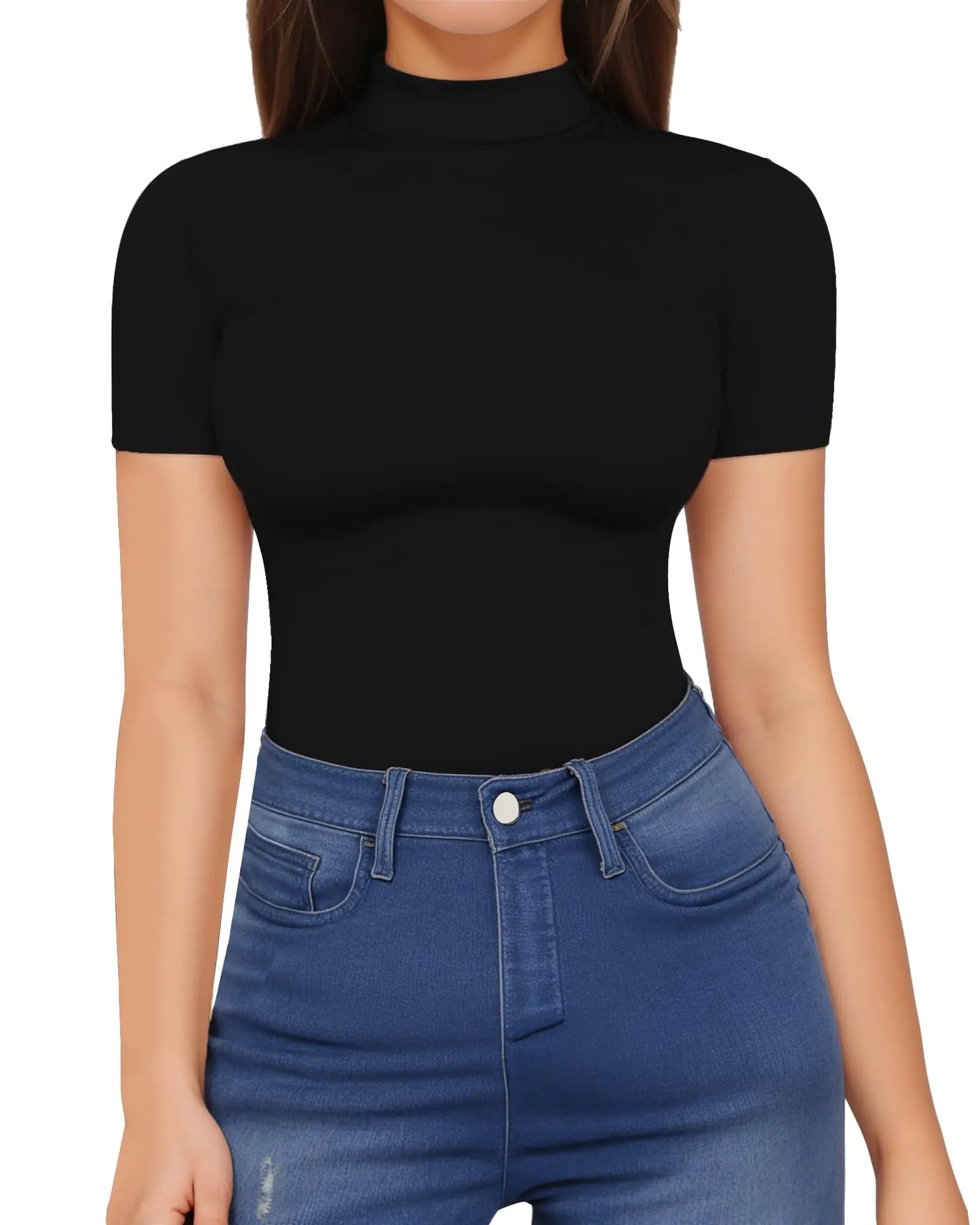 HERLOLLYCHIPS Mock Neck Tops for Women Basic Short Sleeve Tight Summer Sexy Dressy Casual Summer T-Shirts (Black Small)