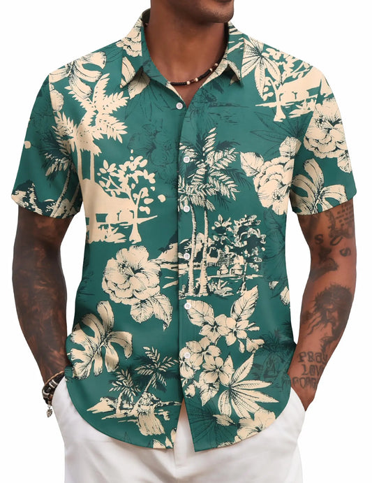 COOFANDY Mens Short Sleeve Floral Shirts Hawaiian Print Shirts Summer Vacation Shirts