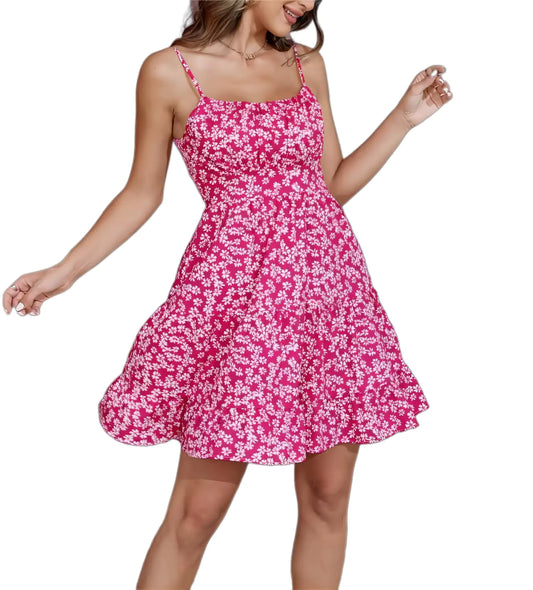 WDIRARA Womens Summer Floral Print Ruched Shirred Ruffle Hem A Line Summer Dress Short Cami Dress Hot Pink M