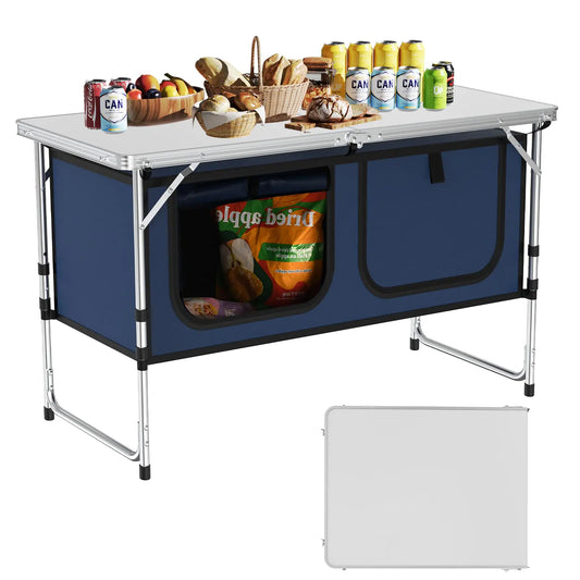 WildFinder Camping Table Folding Camping Table with Storage Lightweight & Portable 3 Heights Adjustable Folding Table for BBQ Camping Picnic and Indoor Use Dark Blue