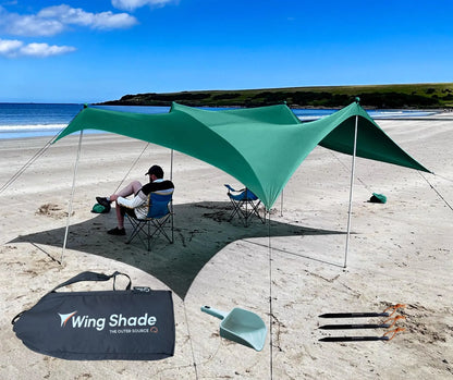 Wing Shade Beach Tent Sun Shelter - Large Portable 10x10 Pop Up Beach Canopy Easy Setup on Grass or Sand with 4 Poles 8 sandbags - for Outdoor Picnic Beach Shade. Wind sail & Beach Umbrella