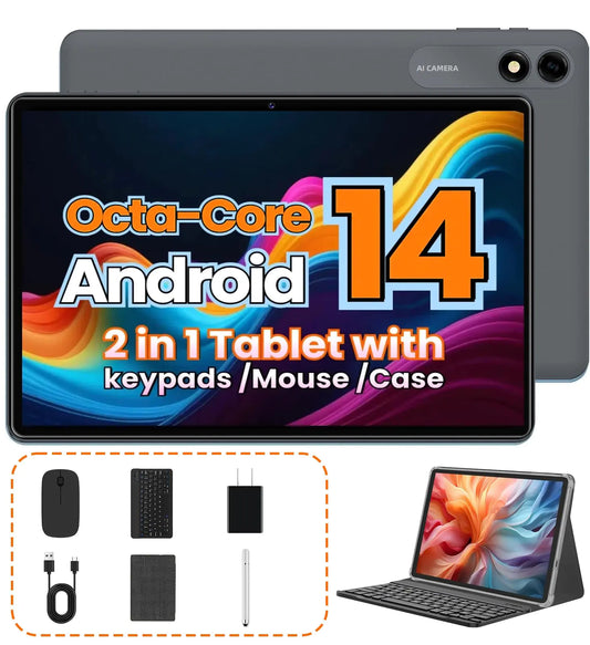 Android 14 Tablet 64GB+10(4+6 Expand)GB/512GB Expandable Octa-Core Tablet with 5GWiFi Quick Charge Battery 10.1 inch Tablet with 13MP Camera Tablet with Keyboard Bluetooth MouseCase (Black)