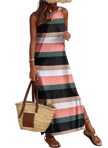 BLENCOT Womens Sleeveless Beach Racerback Maxi Dress Casual Crewneck Striped Split Tank Sundress Multicolor L