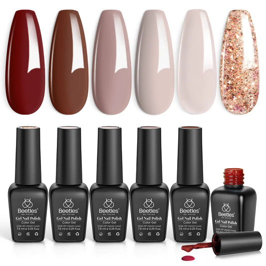 Beetles 6 Colors, Fall Colors Nude Pink Burgundy Glitter Brown Gel Polish Set Soak off UV Light for Easy DIY Nail Art Salon Home Design Gifts for Women 6 Colors Smooth Hazelnut