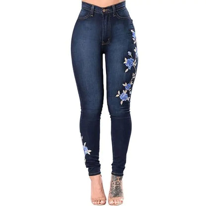 Stylish Ripped Embroidered High Stretch Jeans