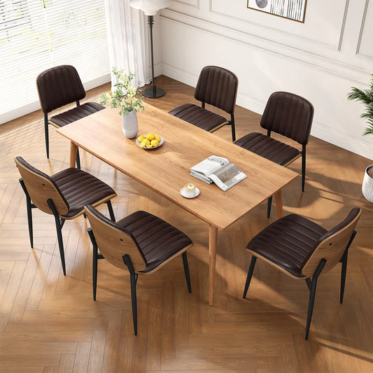 REONEY Dining Chairs Set of 6 Mid-Century Modern Upholstered PU Leather Chairs with Walnut Bentwood Back and Metal Legs Adjustable Feet for Kitchen Dining Living Room Dark Brown Vertical Stripes