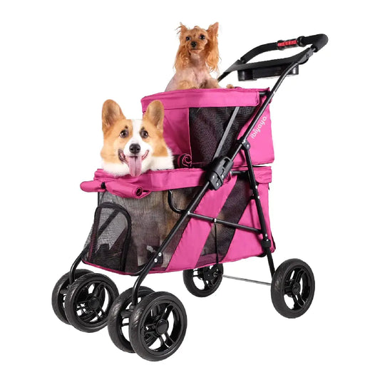 ibiyaya - Double Dog Stroller for Small Dogs and Medium Dogs and Cats - Double Pet Stroller Lightweight and Foldable with Mesh Windows Extra Space for Second Pet or Storage - Pink