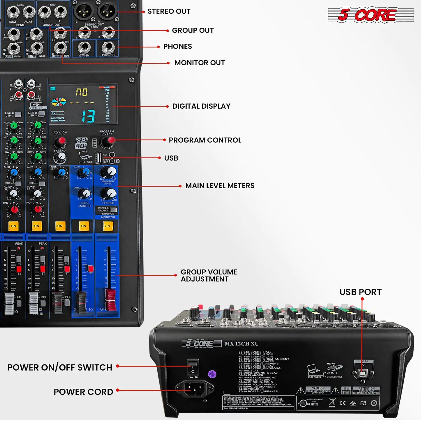 5Core Audio DJ Mixer 12 Channel Sound Board Console w 99 DSP Effect 48V Phantom Power