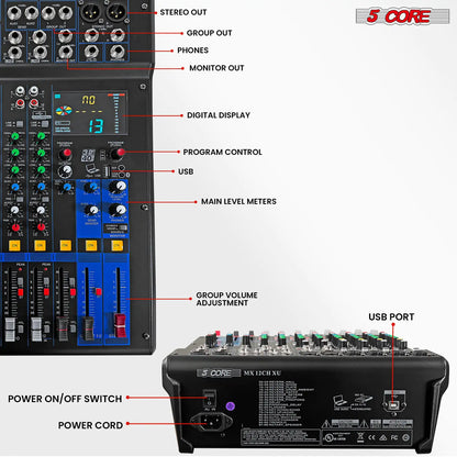 5Core Audio DJ Mixer 12 Channel Sound Board Console w 99 DSP Effect 48V Phantom Power