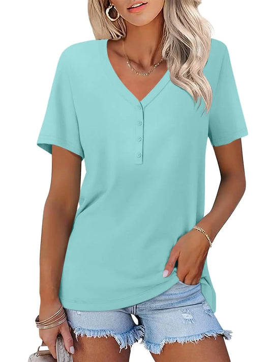 TICTICMISS Womens V Neck Short Sleeve Tops Solid Shirts Casual Summer Tees
