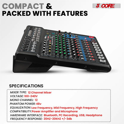 5Core Audio DJ Mixer 12 Channel Sound Board Console w 99 DSP Effect 48V Phantom Power