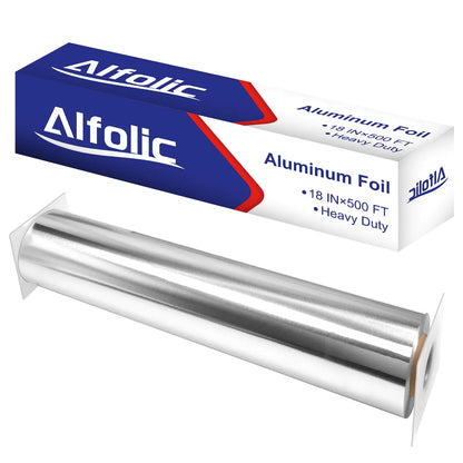 Alfolic Heavy Duty Aluminum Foil - 18" x 500 Feet Tin Grill Foil - 25 Microns Thick Silver Aluminum Wrap for Grilling Cooking Baking
