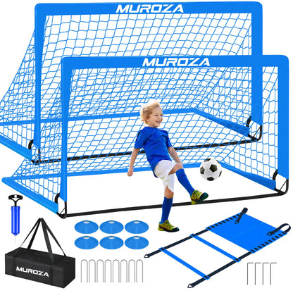 Kids Soccer Goals for Backyard Set 2 Pack of 6x4 ft Portable Pop Up Soccer Nets with Soccer Ball Agility Ladder Cones Complete Training Equipment for Youth Toddler Outdoor Sports Games