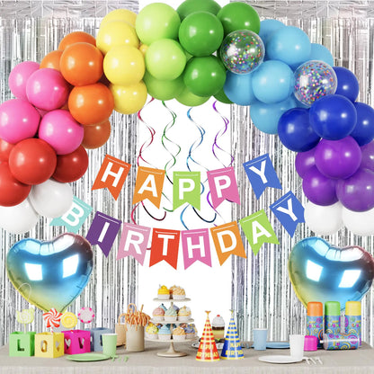 RUBFAC Rainbow Birthday Decorations Colorful Balloon Garland Arch Kit Happy Birthday Banner Shiny Silver Fringe Curtain Heart Foil Balloons Hanging Swirls Baby Shower Birthday Party Supplies
