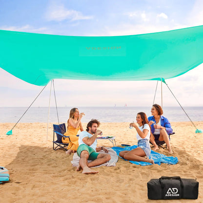ADesign Windproof Beach Tent Sun Shelter with 8 Sandbags Large Family Beach Sun Shade with Sand Shovel UPF50+ 6.3 FT Tall Outdoor Easy Setup Beach Canopy for Beach Vacation Camping Picnics