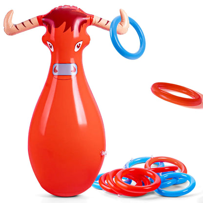 2PCS Inflatable Bull Ring Toss Game Set Summer Outdoor Inflatable Bull Toss Ring Game for Kids Games Rodeo Party Favors