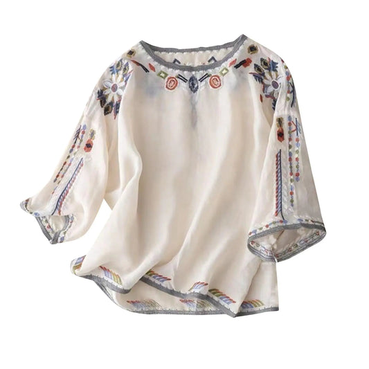 Womens Cotton Linen Summer Button 3/4 Sleeve Shirts Summer Crew Neck Casual Boho Top Vintage Embroidery Blouse Tops