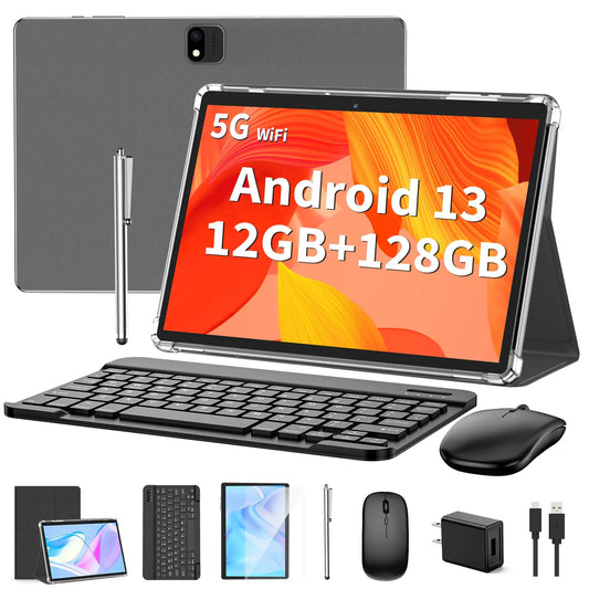 Android Tablet with Keyboard Android 13 Tablet 12(6+6)GB+128GB 1TB Expand 2 in 1 Tablet 10 inch Tablet with Case Mouse Stylus 8000mAh Battery 2.4G/5G WiFi GPS Certified Tablet PC Black
