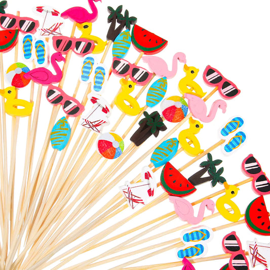 Gr8Dealz.store Summer Pool Beach Cocktail Picks Assorted Picks Tropical Cocktail Bamboo Toothpicks Flamingo Beach Backdrop Beach Ball Slipper...