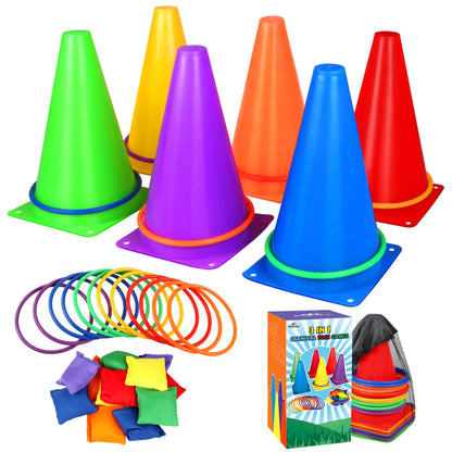 31 PCS Christmas Carnival Games 3 in 1 Indoor Outdoor Bean Bag Ring Toss Games for Kids Birthday Party Plastic Soft Cones Yard Lawn Game for Family Party Kids Gift
