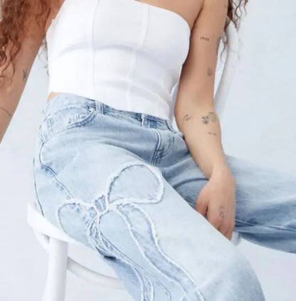 Women's Straight Trousers Embroidered Side Frayed Butterfly Jeans Street Design Hot Girl Baggy Pants