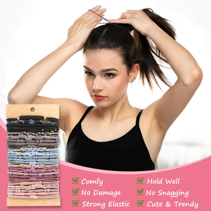 Hair Accessories, 25 PCS of 5 Styles Boho Hair Tie Bracelets with Beads - Cute Elastic Bands for Thick or Thin Hair, No Damage, Pink for Girls and Women D-BOHO