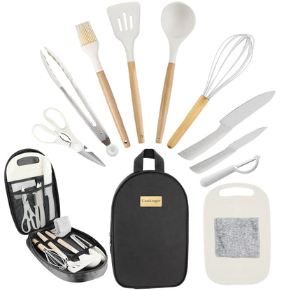 Camping Kitchen Cooking Utensils Set - 12Pcs Portable Outdoor Camp Cookware Set Silicone Camper Essentials Gear Must Have Accessories Supplies for Travel RV BBQ Grill Picnic Hiking