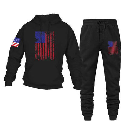 Ovjircd Vintage American Flag Tracksuit Set for Men and Women - Long Sleeve Distressed USA Flag Pullover Hoodies and Sweatpants Outfit Large