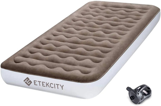 Etekcity Air Mattress Upgraded Twin Size Camping Air Bed Blow Up Bed Inflatable Mattress Raised Airbed with Rechargeable Pump for Guest Camping Hiking Height 9" Storage Bag Brown