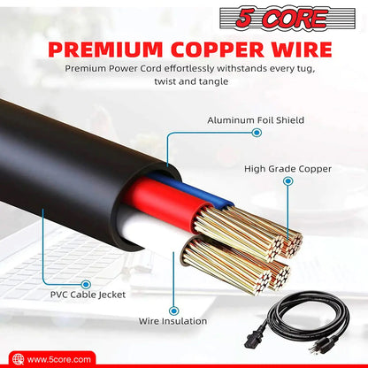 5Core AC Power Extension Cord 10Ft 3 Prong Adapter 16AWG/2C 125V 13A US Male to Female
