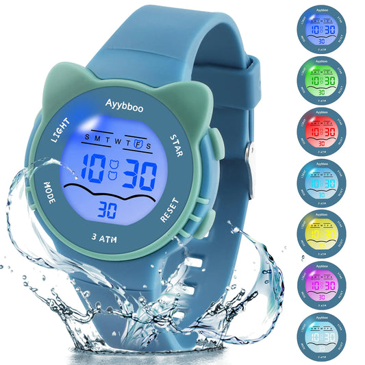 Ayybboo Kids Digital Watches for Girls Boys 7 Color Lights Water Proof Watches for Kids with Alarm Stopwatch Cute Cat Watch Kids Presents for Girls Boys Ages 5-13