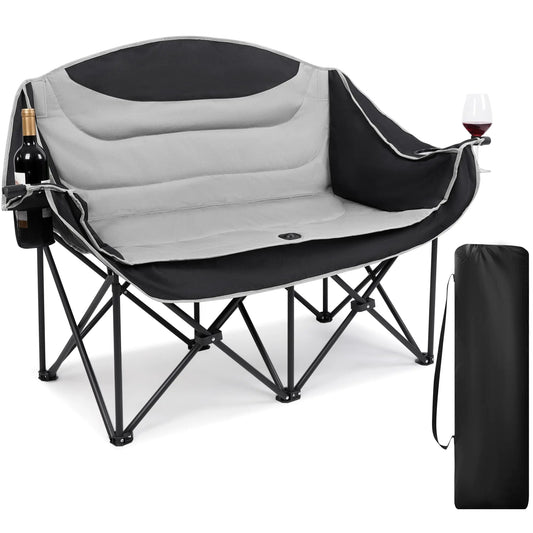 UBALANCE Double Camping Chair for Adults - Heavy Duty 650LBS Portable Camping Chairs Oversized Camping Loveseat Folding Camping Chair for Garden Lawn Sport Picnic Beach Fishing (Gray)
