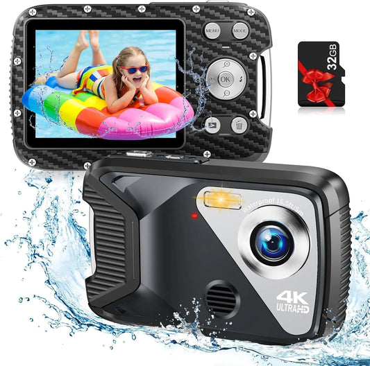Underwater Camera UHD 4K 48MP Waterproof Camera with 18X Zoom Selfie Screens16FT Compact Waterproof Digital Camera with 32GB CardFill Light Underwater Camera for Snorkeling(Black)