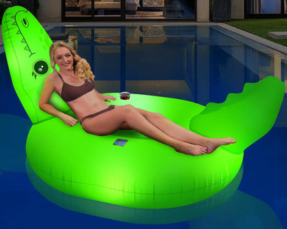 Ciavca Alligator Pool Float Adult with Light 60" Solar Powered Alligator Pool Float Blow up Large Inflatable Animal Pool Float with cup holder & Handles Giant Gator Inflatable Pool Float for Adults