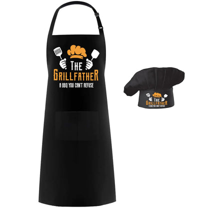 Hyzrz Chef Apron Hat SetAdjustable Chef Hat and Apron Baker Costume with Pocket for Kitchen Grill BBQ Fathers Mothers Gift (The Grill Father Black)